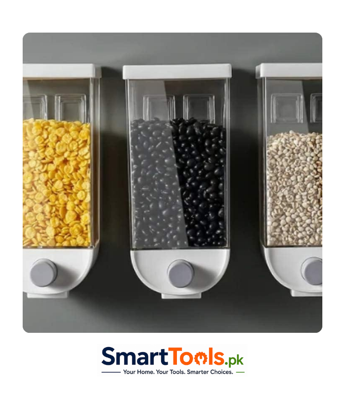 1.5L wall-mounted cereal dispensers feature a transparent body for easy food visibility 1.5L wall-mounted cereal dispensers feature a transparent body for easy food visibility