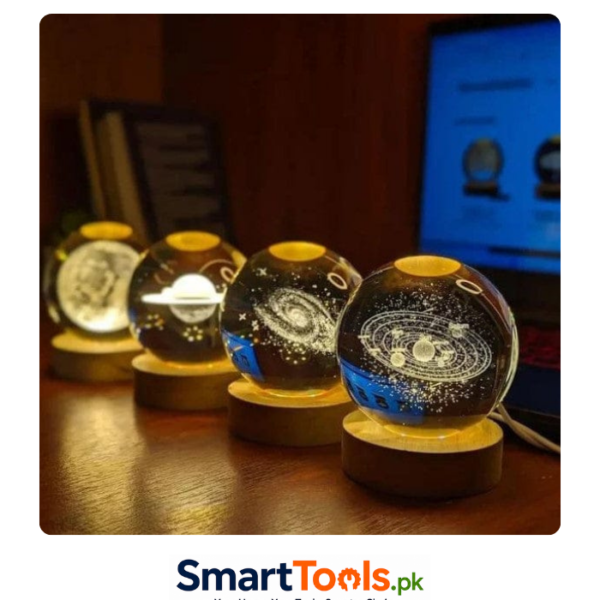 3D Crystal Ball Night Light features laser-etched planetary designs and a USB-powered wooden LED base