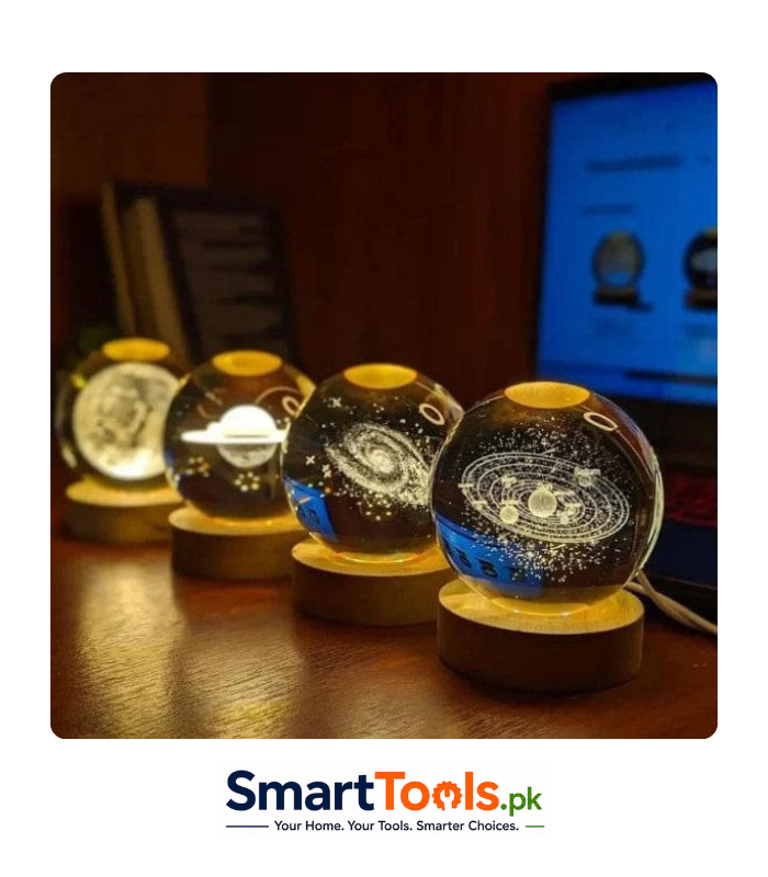 3D Crystal Ball Night Light features laser-etched planetary designs and a USB-powered wooden LED base 3D Crystal Ball Night Light features laser-etched planetary designs and a USB-powered wooden LED base