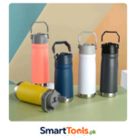 Classic Series portable straw cup is made of stainless steel and features a matte black finish with a flip-up carrying handle Bottle