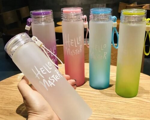 Hello Master branded glass bottle features a frosted, gradient-colored finish Hello Master branded glass bottle features a frosted, gradient-colored finish