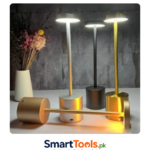 touch metal lamp features a modern design with a sleek cylindrical base and a thin stem supporting a circular light head